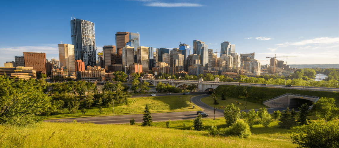 Summer moving day in Calgary with bright blue sky